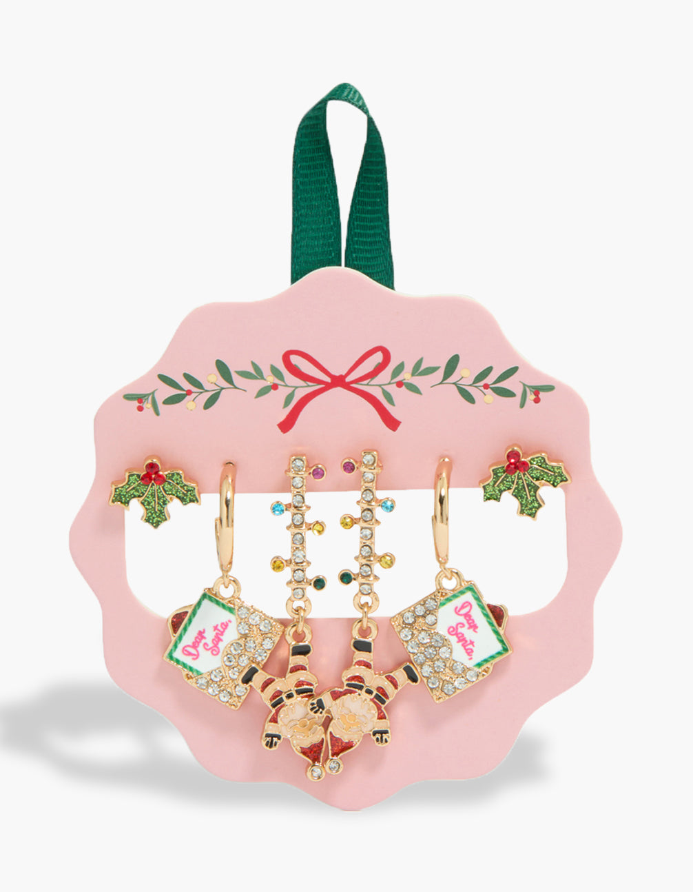 Showcasing gold letter and Santa earrings 3-pack featuring with script and leafy glitter, stud and huggie closure in white, red, and green front view
