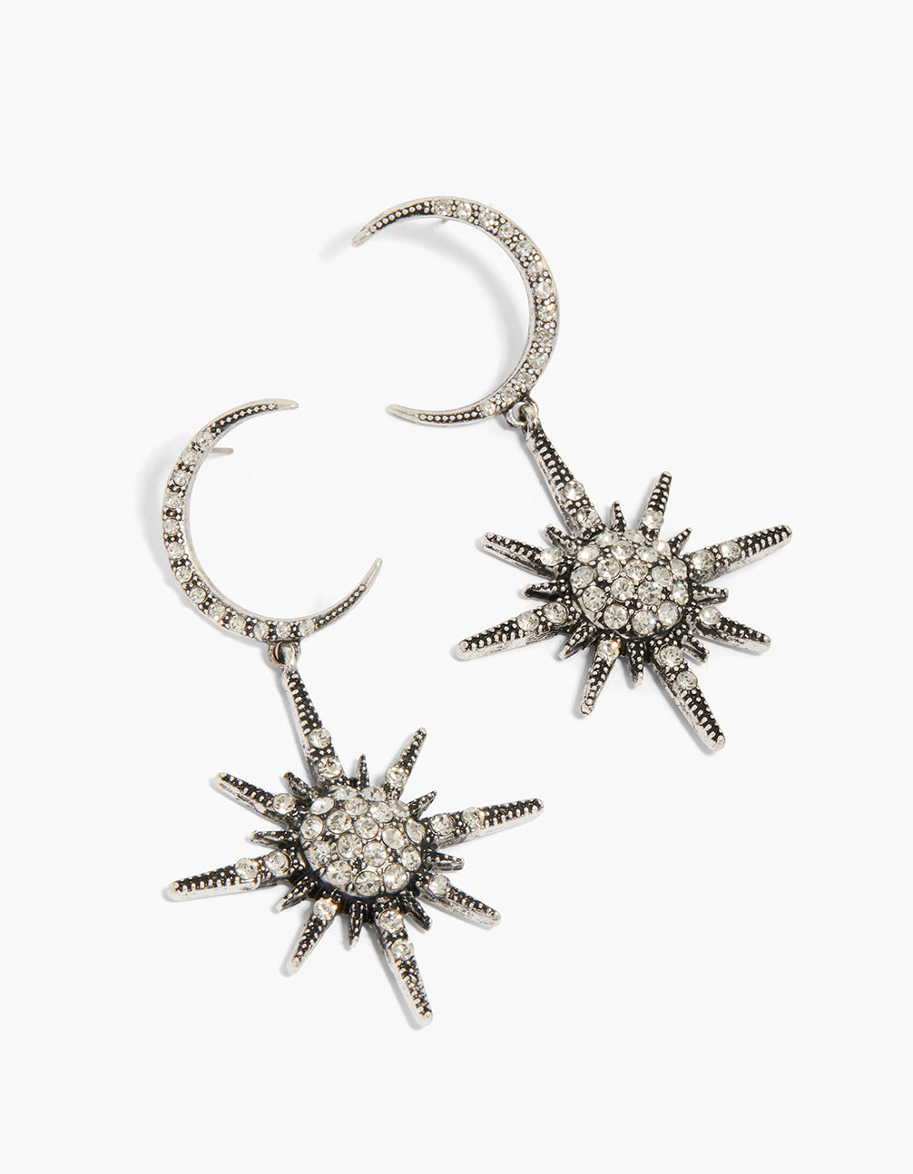 Showcasing antique silver diamante moon drop earrings featuring celestial design front view