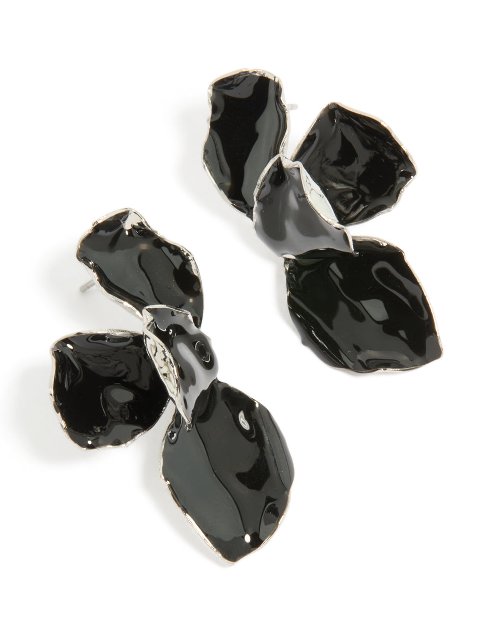 Showcasing chunky mini petal drop earrings in black coated metal and silver accents front view
