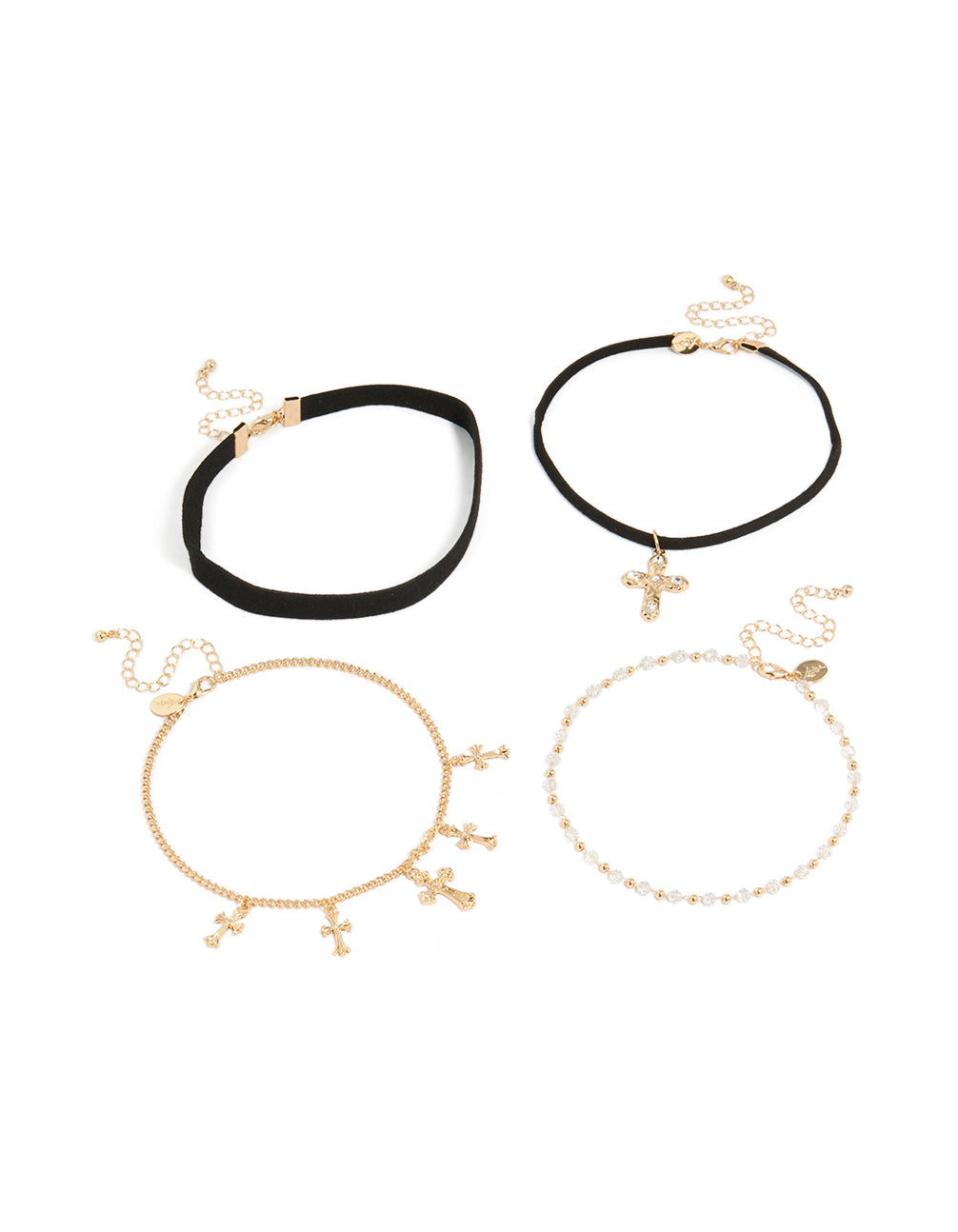 Showcasing a set of gold textured cross and plain black choker necklaces with beaded pearl charm details front view