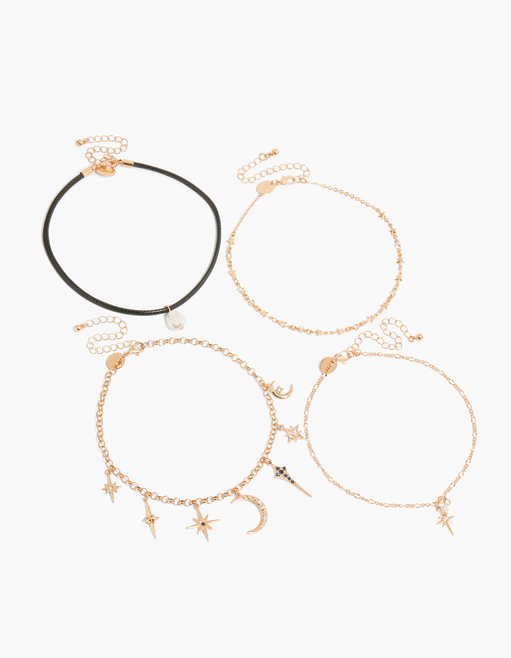 Showcasing gold celestial choker necklaces 4-pack featuring charm, pendant, star, moon and pearl front view