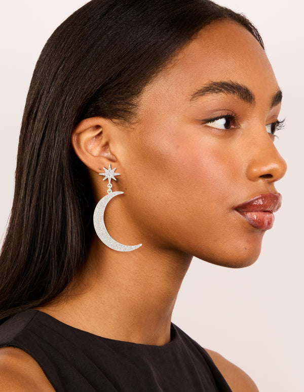 Silver Diamante Celestial Star & Moon Drop Earrings
