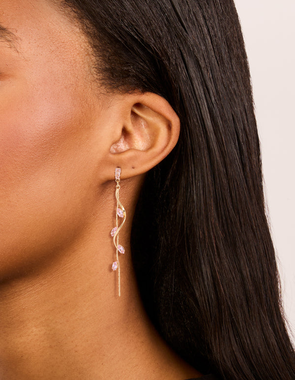 Gold Pink Diamante Swirl Vine Drop Earrings