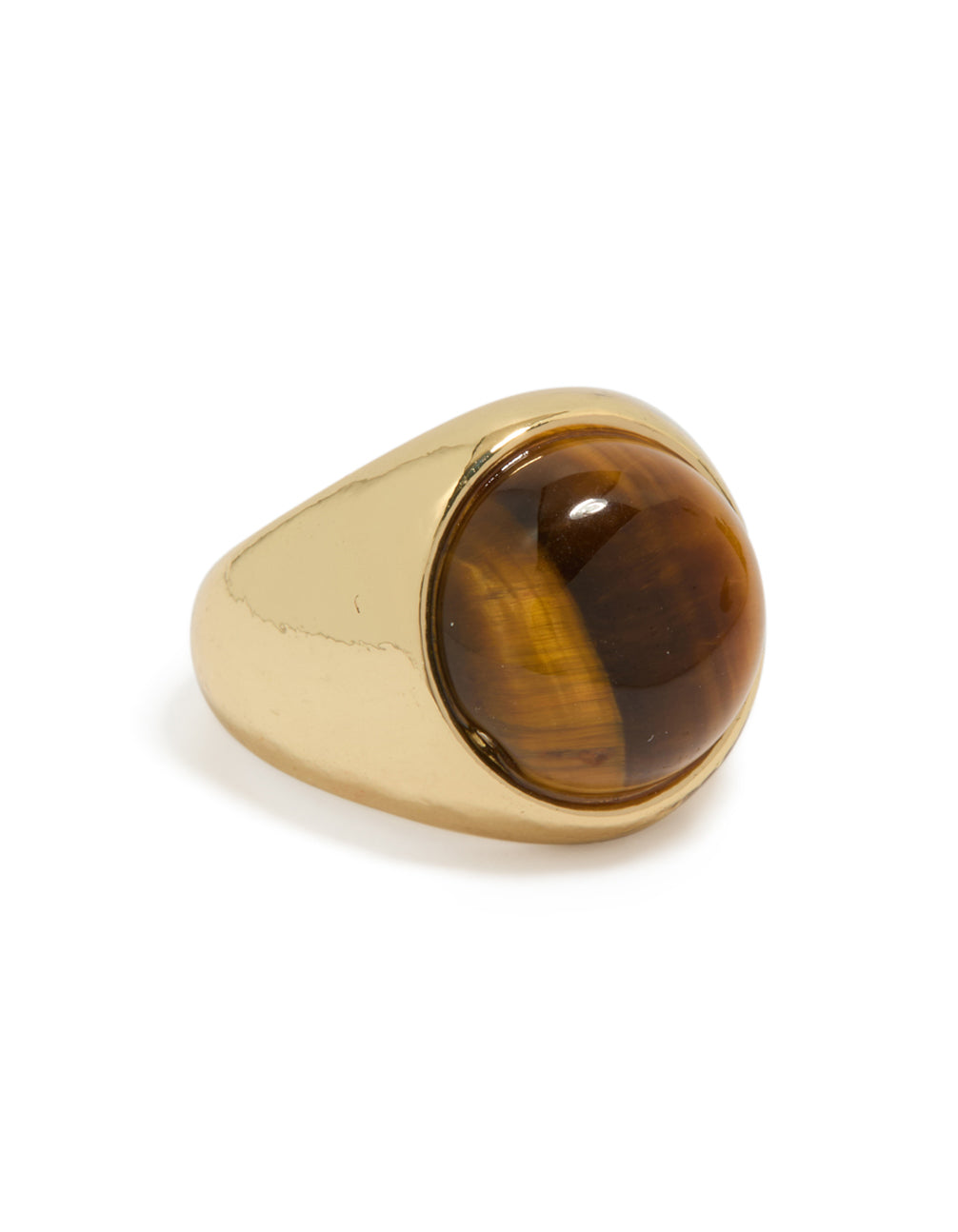 Crafted from gold plated material, this large brown statement stone ring showcases front view