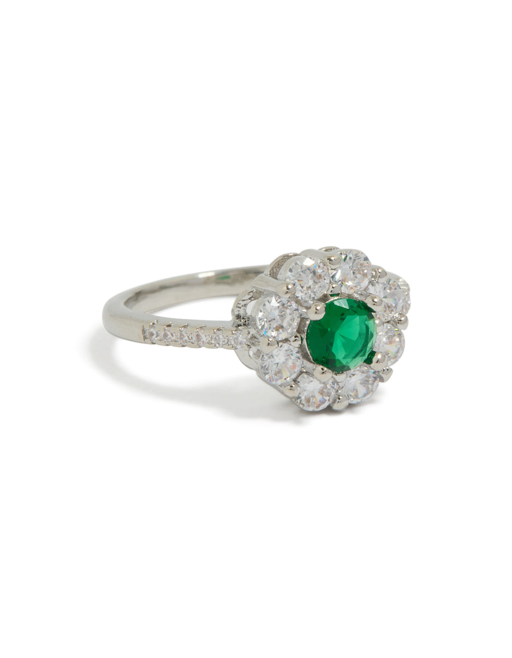 Showcasing a dainty floral ring with cubic zirconia in green, silver, and clear tones front view