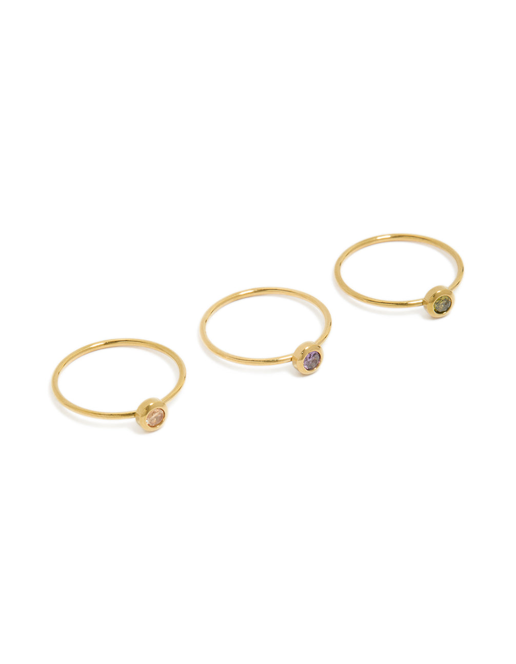 Beautifully crafted gold plated stainless steel dainty cubic zirconia circle rings 3-pack front view