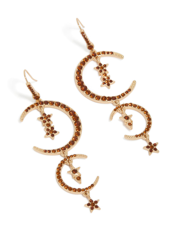 Showcasing statement celestial charm drop earrings with double moon design in gold and maroon front view