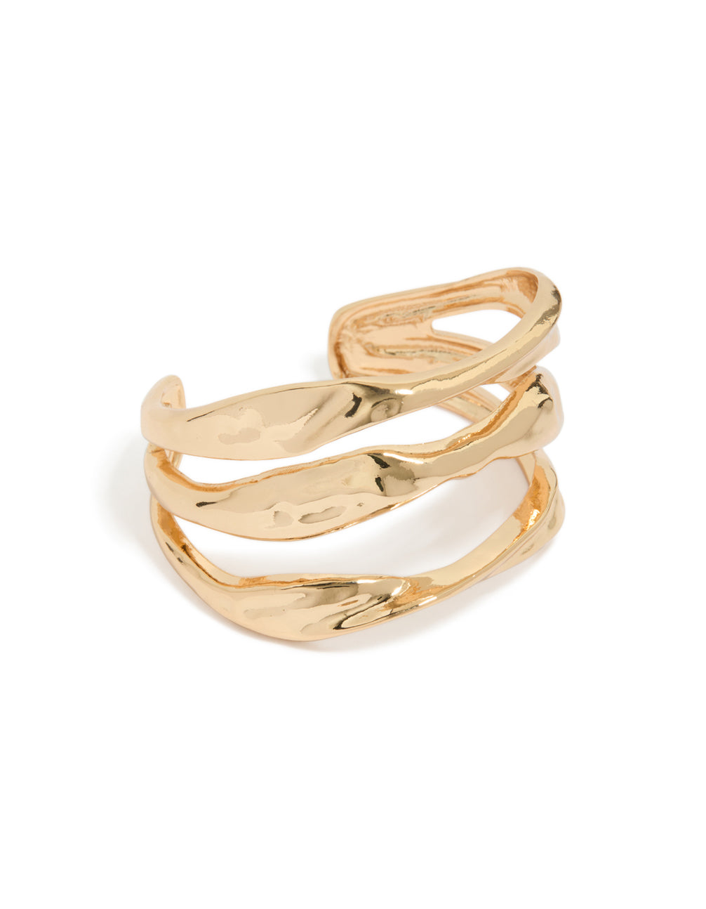 Showcasing a gold irregular line wrist cuff with statement design front view