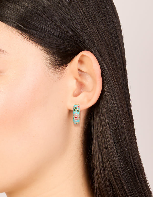 Gold Light Blue Enamel Pink Flower Print Thick Huggie Earrings