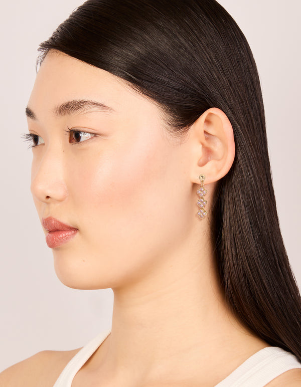 Beautifully designed gold pink cubic zirconia flower trio drop earrings on model view