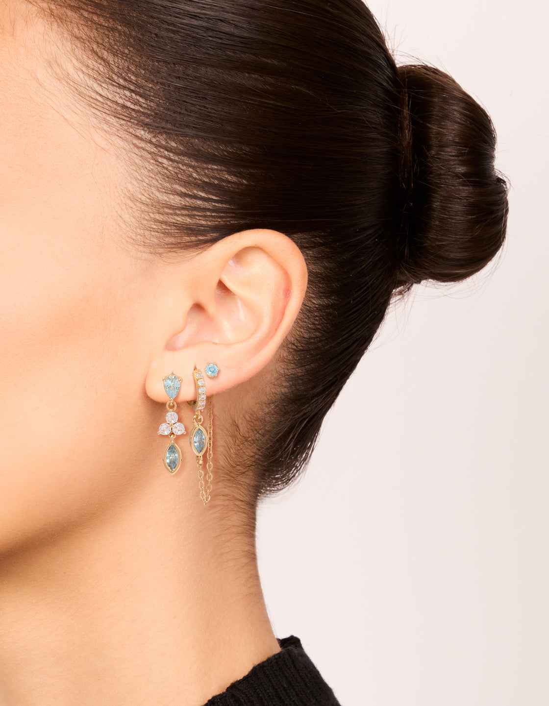 Gold Blue Cubic Zirconia Stud & Chain Earrings 3-Pack