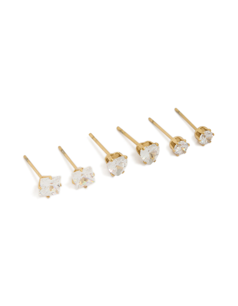 Discover this waterproof gold plated stainless steel cubic zirconia mixed stud earrings in a 3-pack featuring round stone cut and clear accents front view