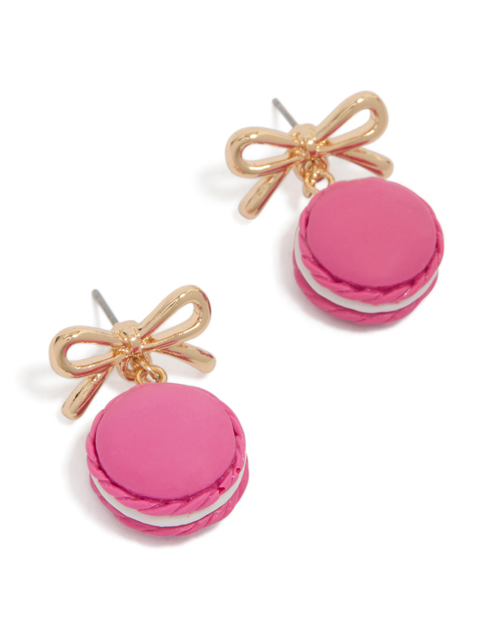 Statement stud earrings featuring gold bow with pink macaron in front view