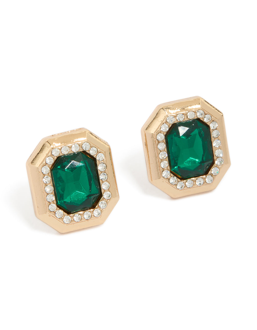 Showcasing gold green diamante rectangle stud earrings with clear embellishments front view