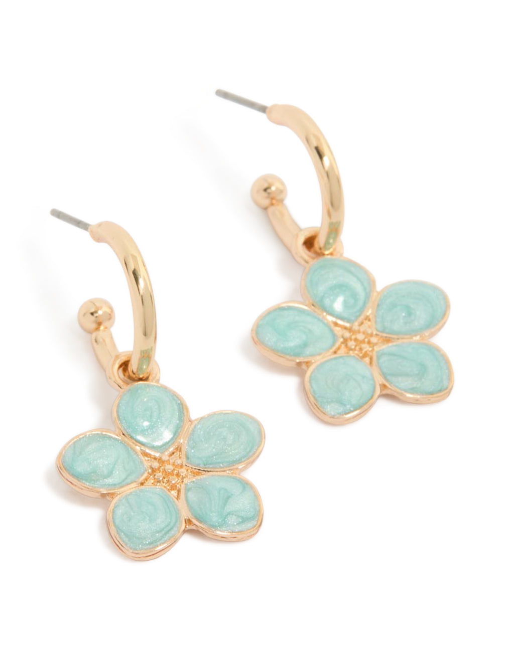 Showcasing huggie earrings with floral design in aqua and gold front view