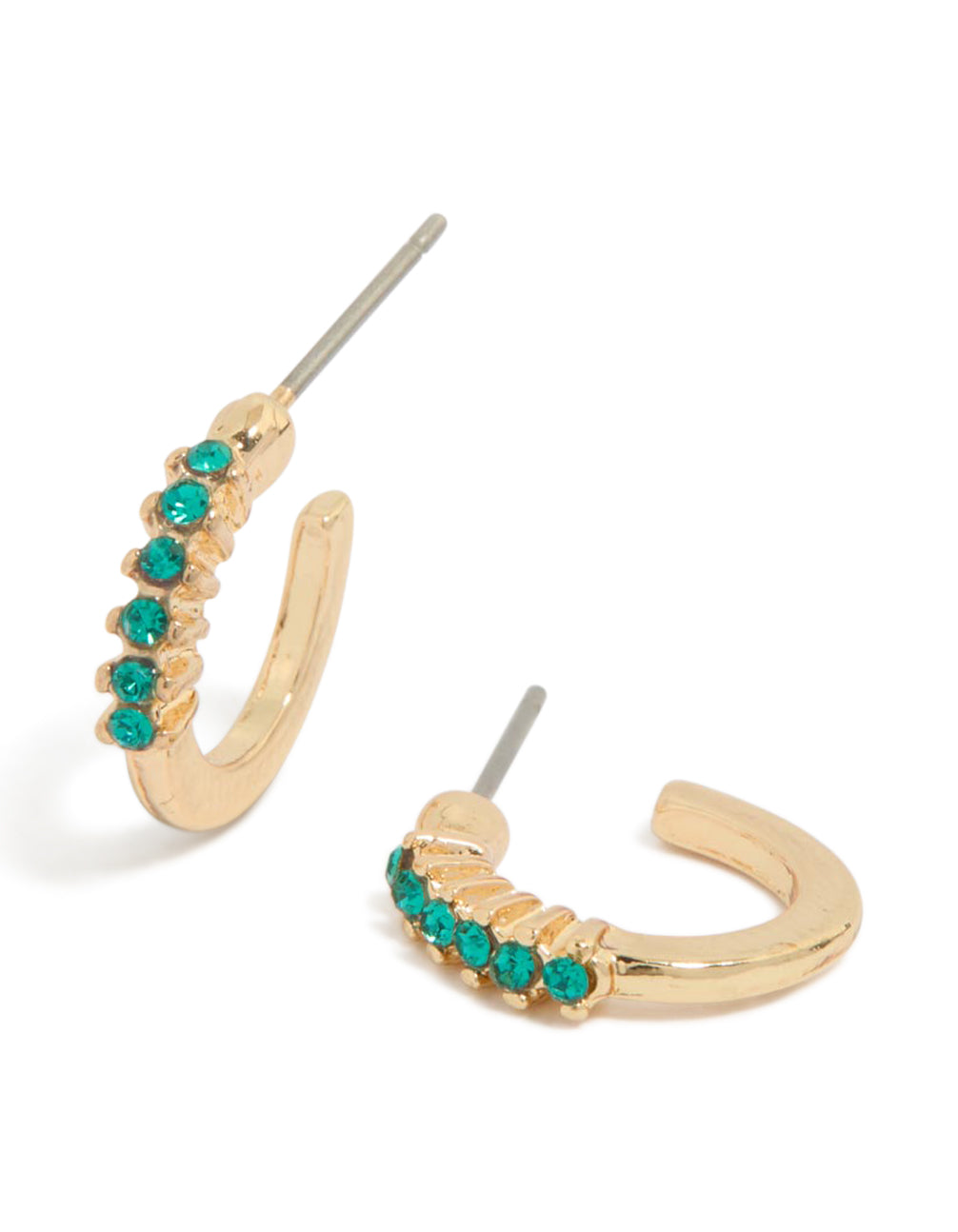 Featuring gold green diamante row huggie earrings with teal gemstone accents in huggie closure front view