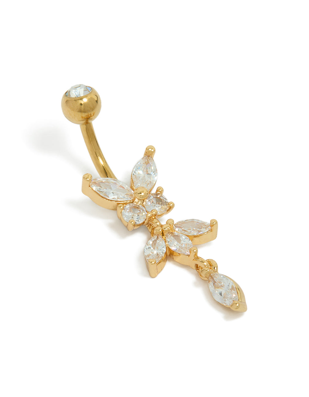 Showcasing a gold plated surgical steel belly bar with butterfly petal drop design featuring cubic zirconia in clear front view