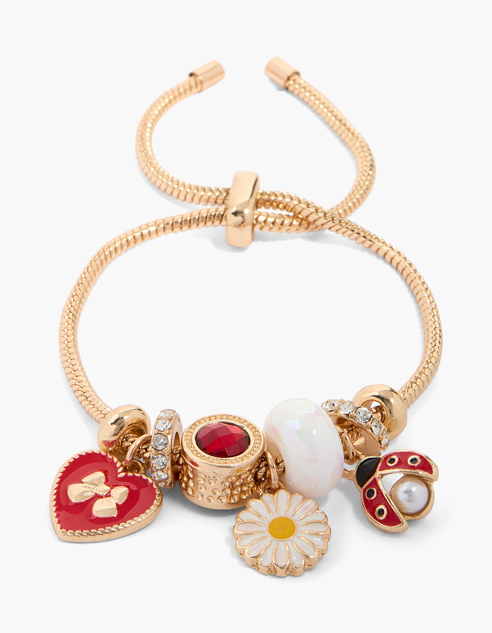 Gold Enamel Daisy & Lady Bug Charm Toggle Bracelet