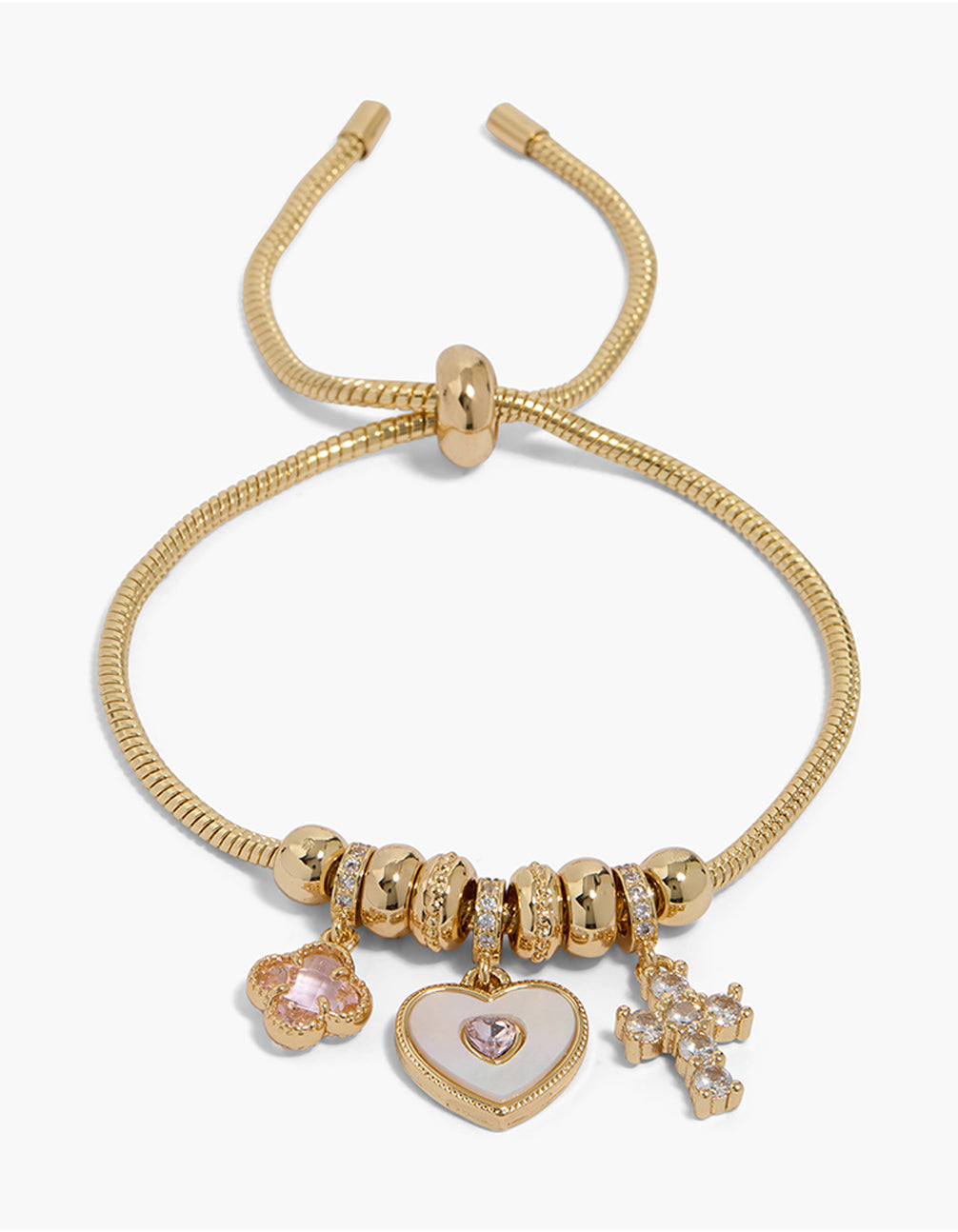Gold Plated Cubic Zirconia Cross & Heart Charm Toggle Bracelet