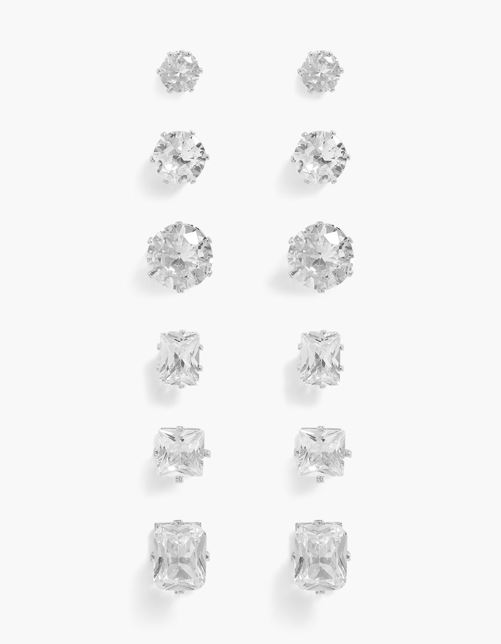Featuring statement cubic zirconia classic stud earrings with crystal in silver, 6-pack front view