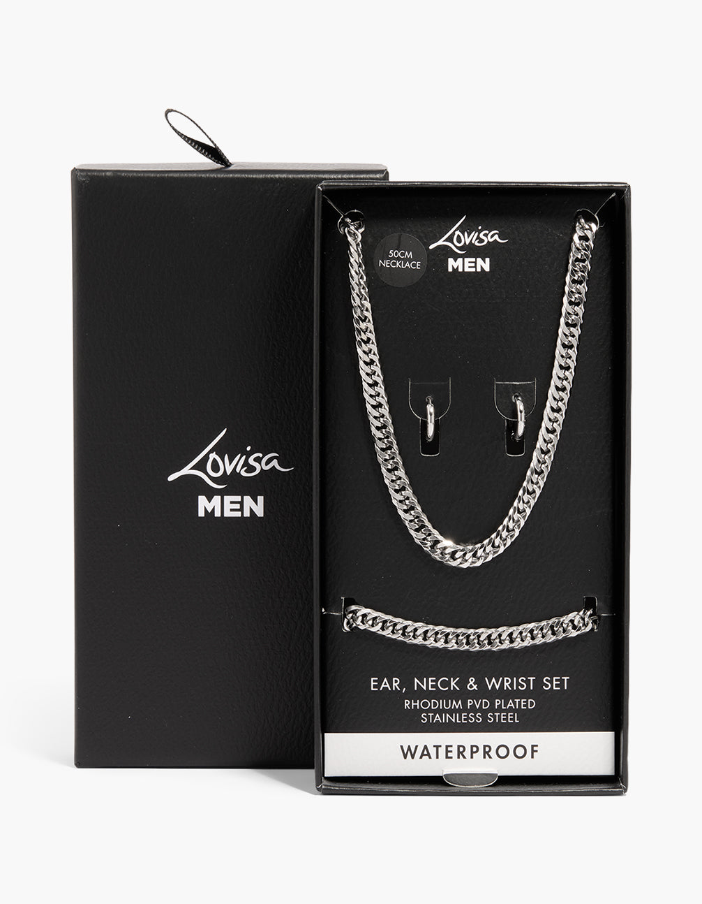 Mens Waterproof Stainless Steel Earrings, Bracelet & Necklace Set