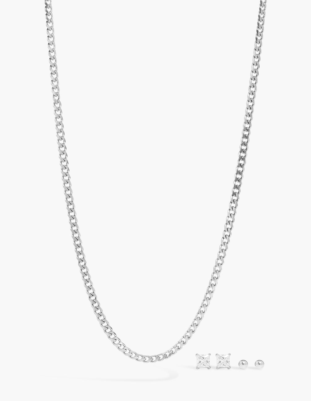 Mens Waterproof Stainless Steel Cubic Zirconia Mixed Earrings & Necklace Set