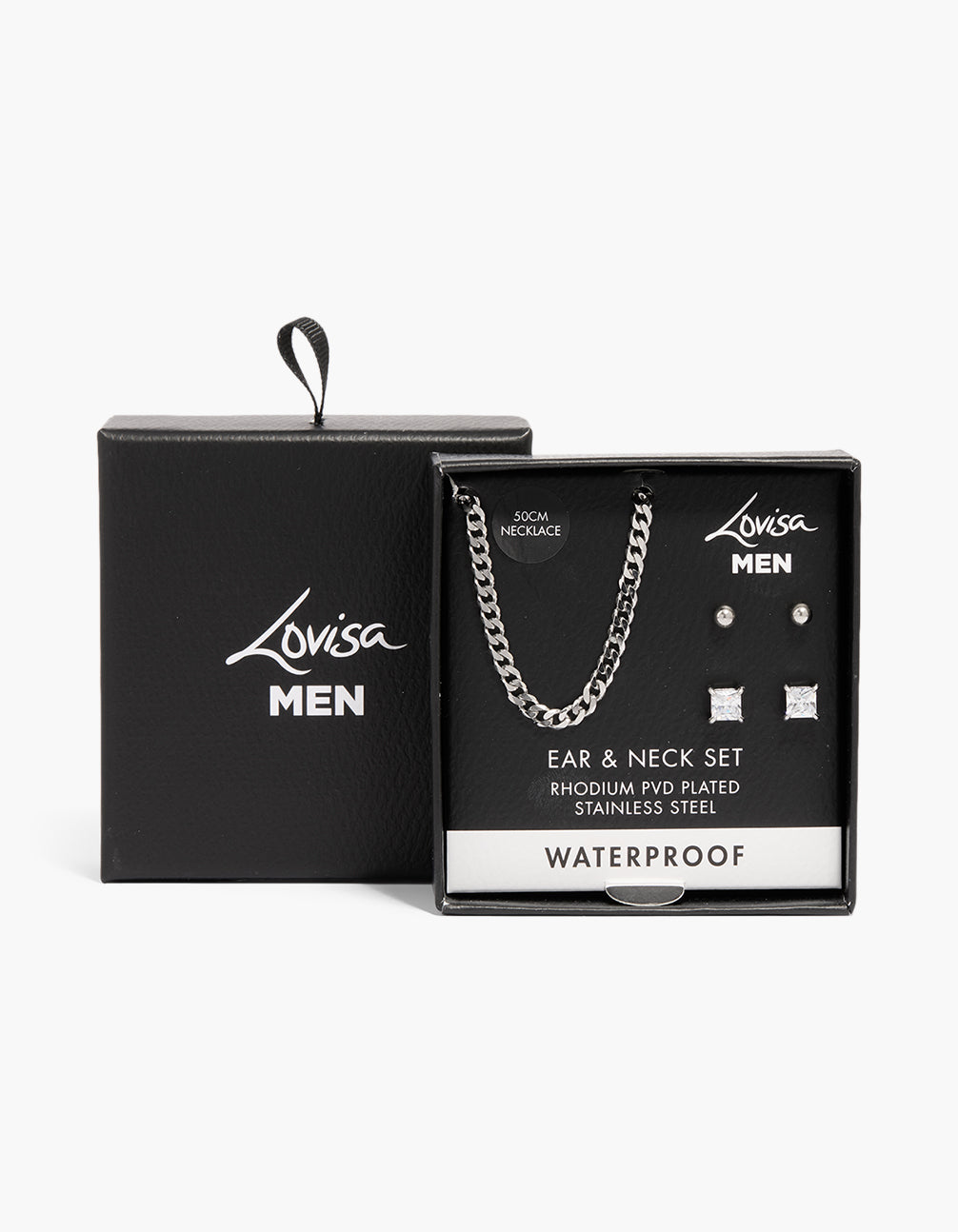 Mens Waterproof Stainless Steel Cubic Zirconia Mixed Earrings & Necklace Set