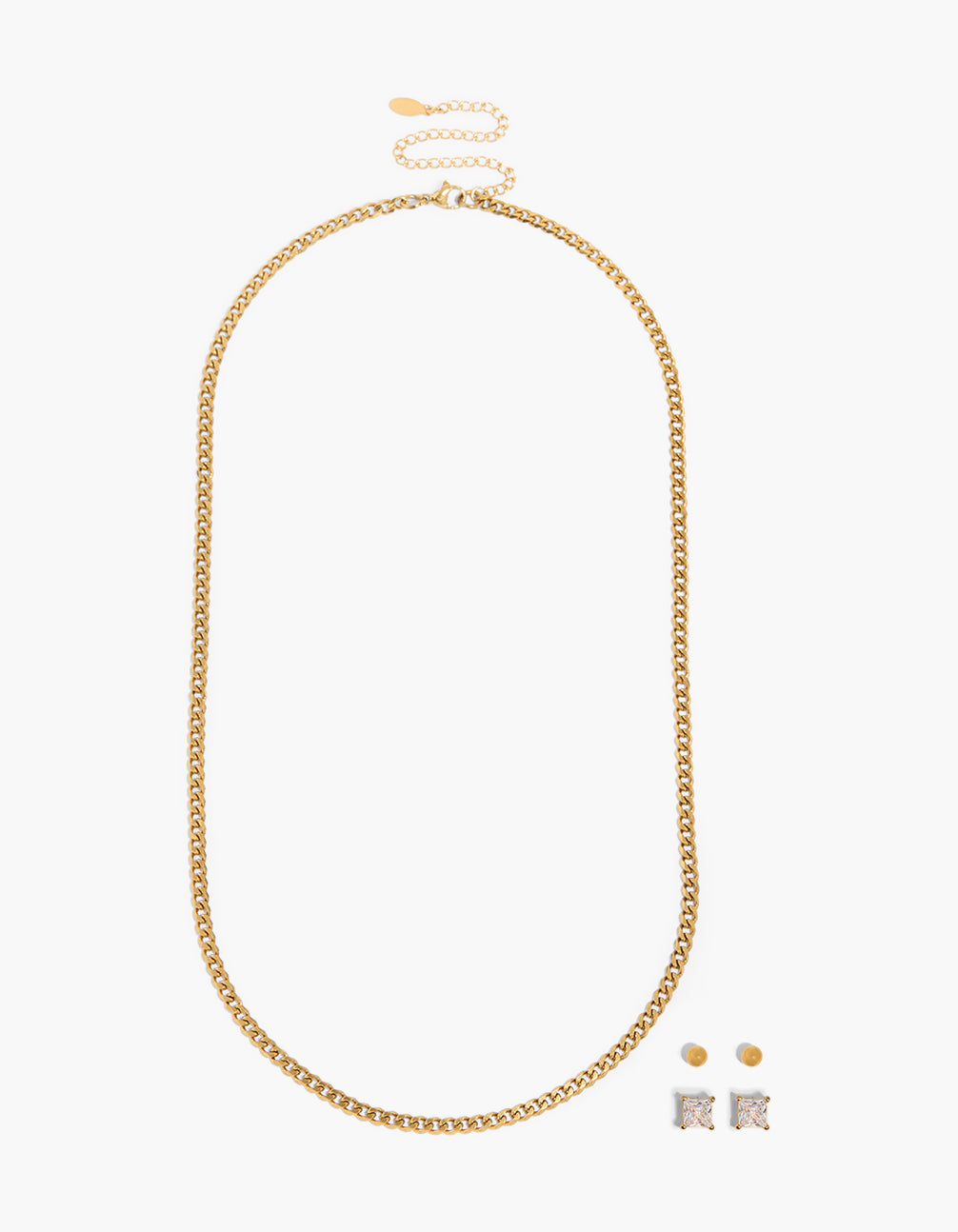 Mens Waterproof Gold Plated Stainless Steel Cubic Zirconia Earrings & Necklace Set