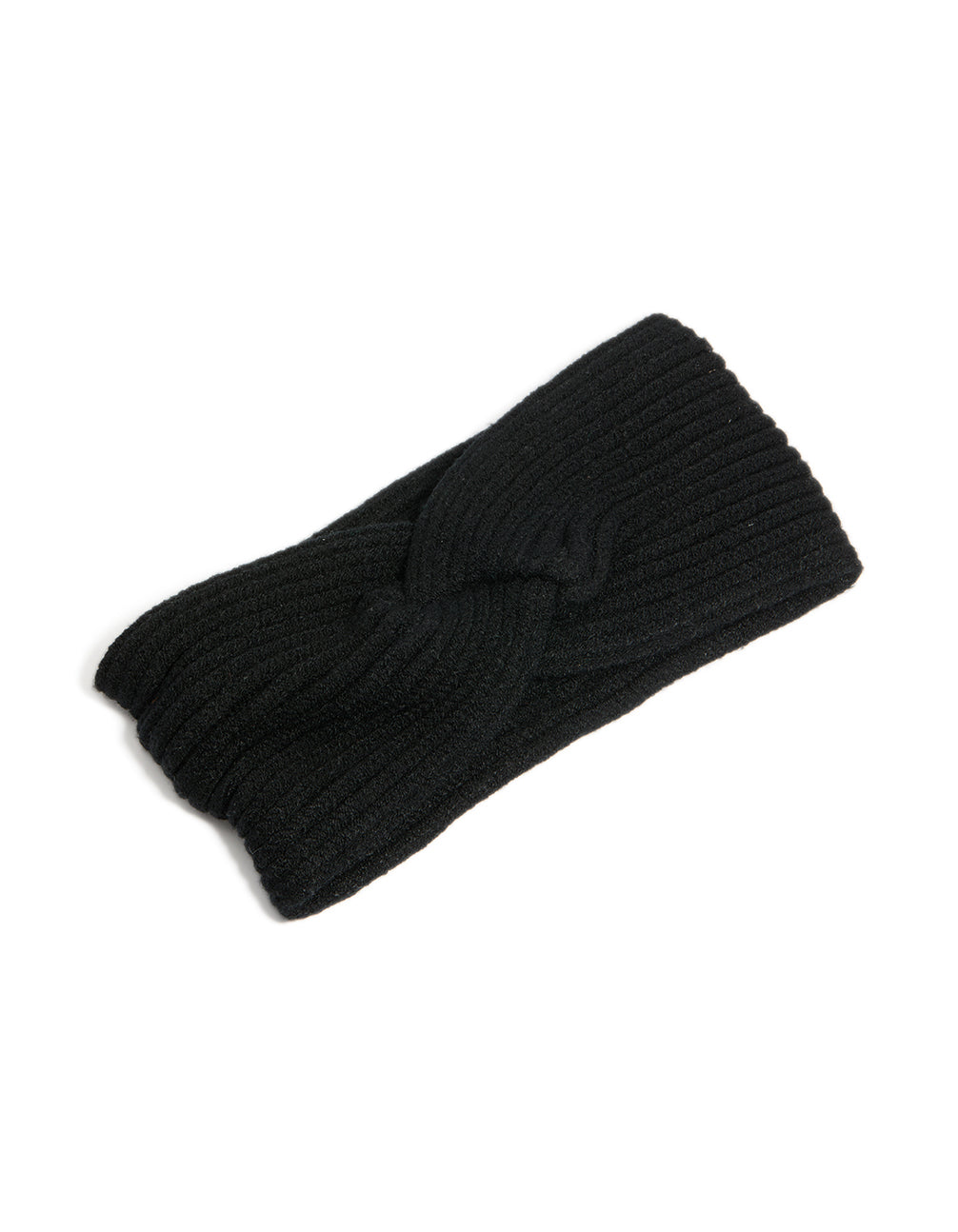 Showcasing a black ribbed fabric twist stretch headband in solid front view