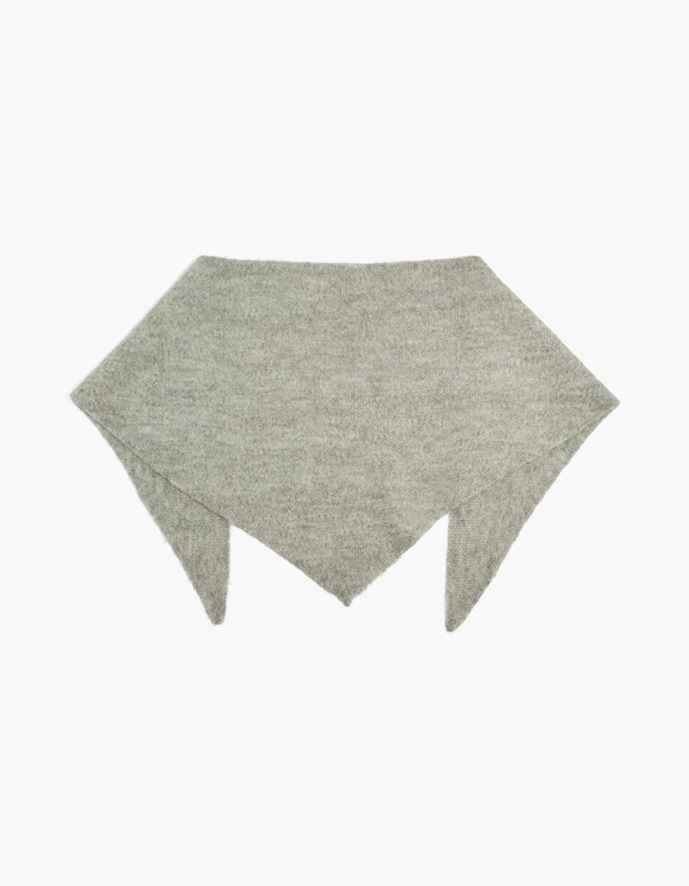 Showcasing a grey knitted triangular scarf with solid print detail view