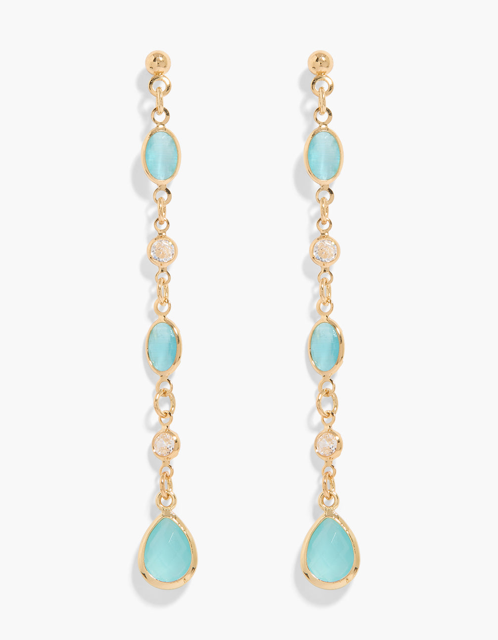 Showcasing gold plated drop earrings featuring oval turquoise cubic zirconia in a chain design front view