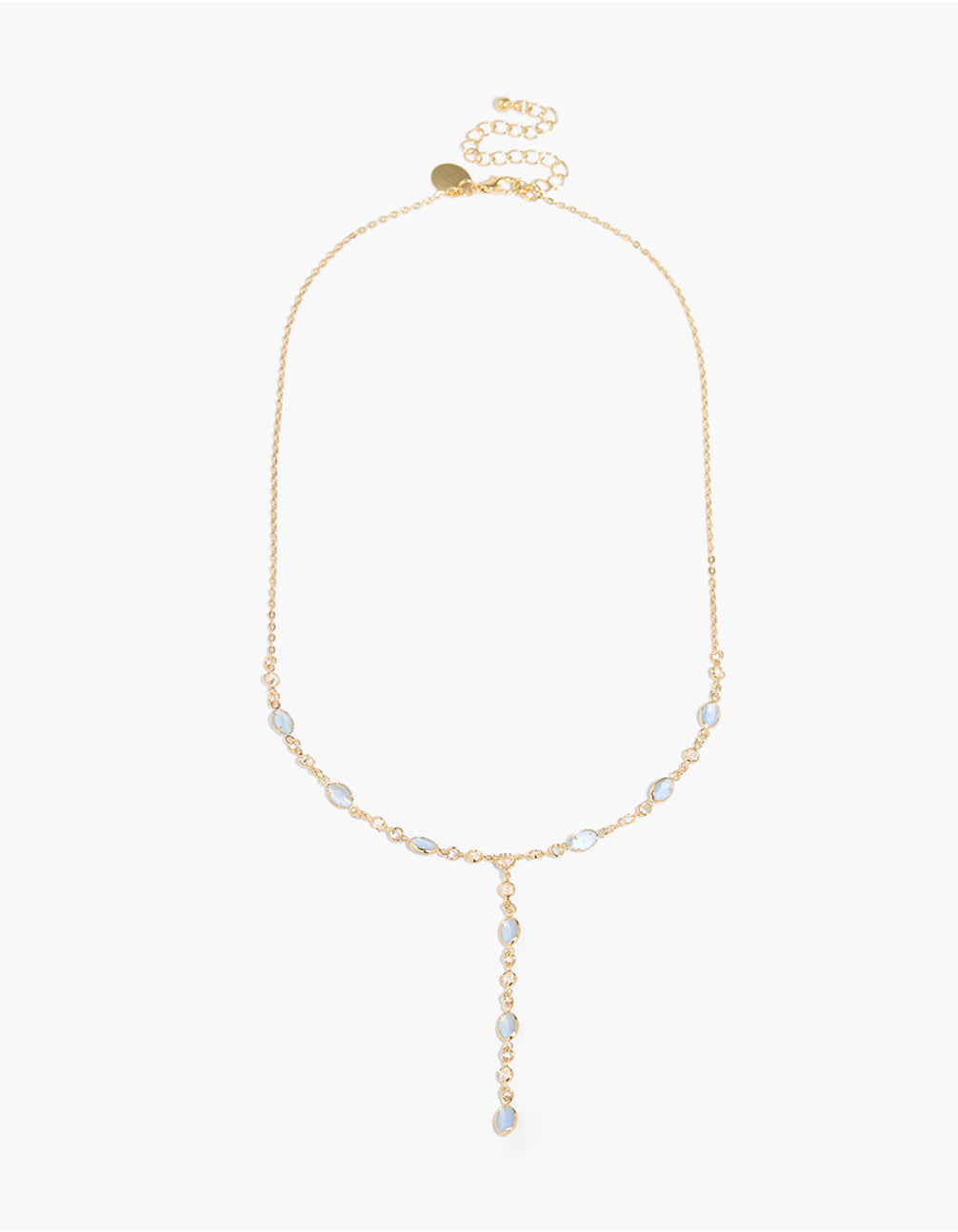 Featuring a gold plated blue cubic zirconia alternating Y-necklace with crystal features front view