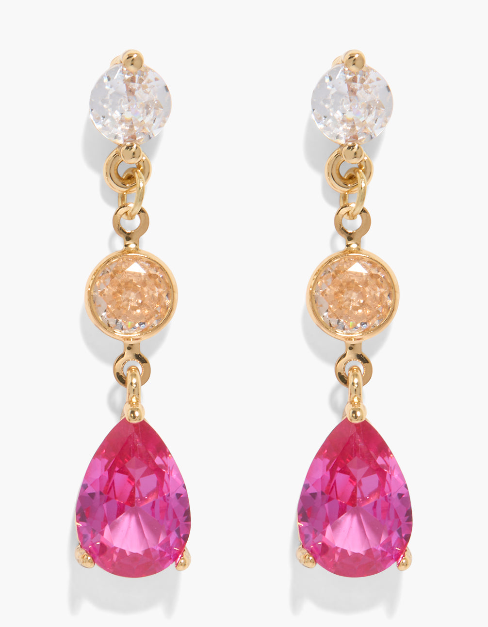 Stunning statement drop earrings with teardrop layered design, crafted from gold plated material and pink cubic zirconia in hot color front view