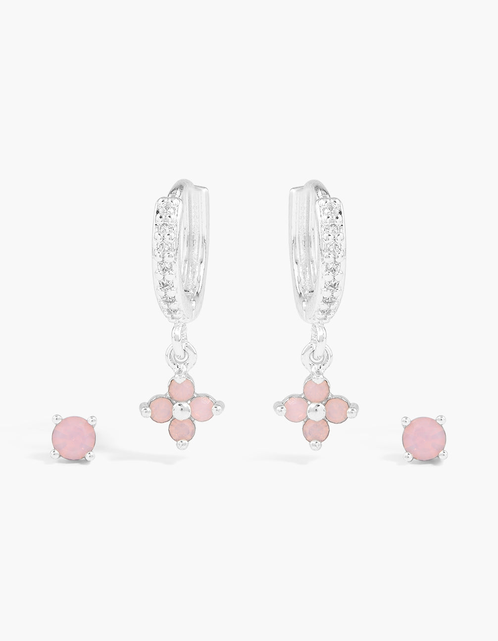 Silver Plated Pastel Pink Cubic Zirconia Flower & Stud Earrings 2-Pack