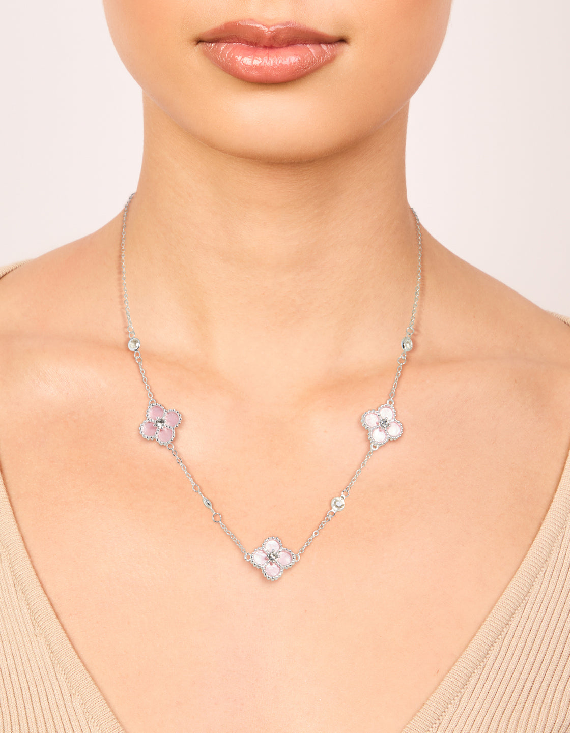 Silver Plated Pink Cubic Zirconia Flowers Necklace