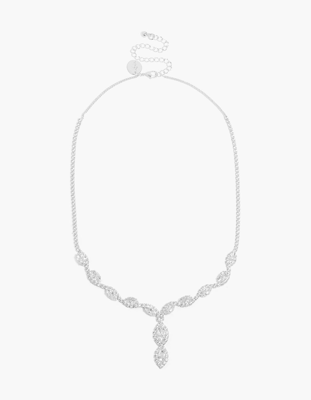 Beautifully designed vine necklace with motif in silver plated finish and marquise cubic zirconia details front view