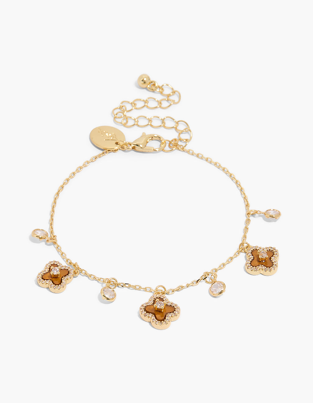 Gold Plated Cognac & Clear Cubic Zirconia Flower Inlay Charm Bracelet