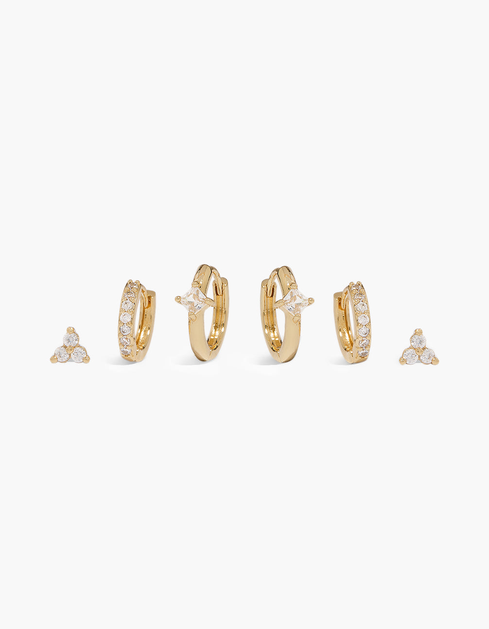 Featuring gold plated cubic zirconia mini trio stud and huggie earrings in a 3-pack front view