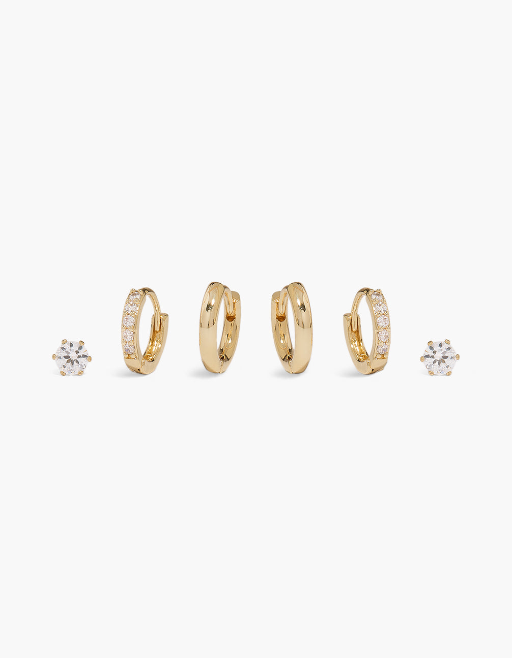 Showcasing gold plated cubic zirconia stud and huggie earrings in a 3-pack front view