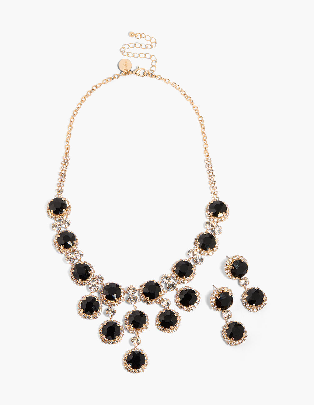 Featuring a gold clear and black diamante circles necklace with earrings set front view