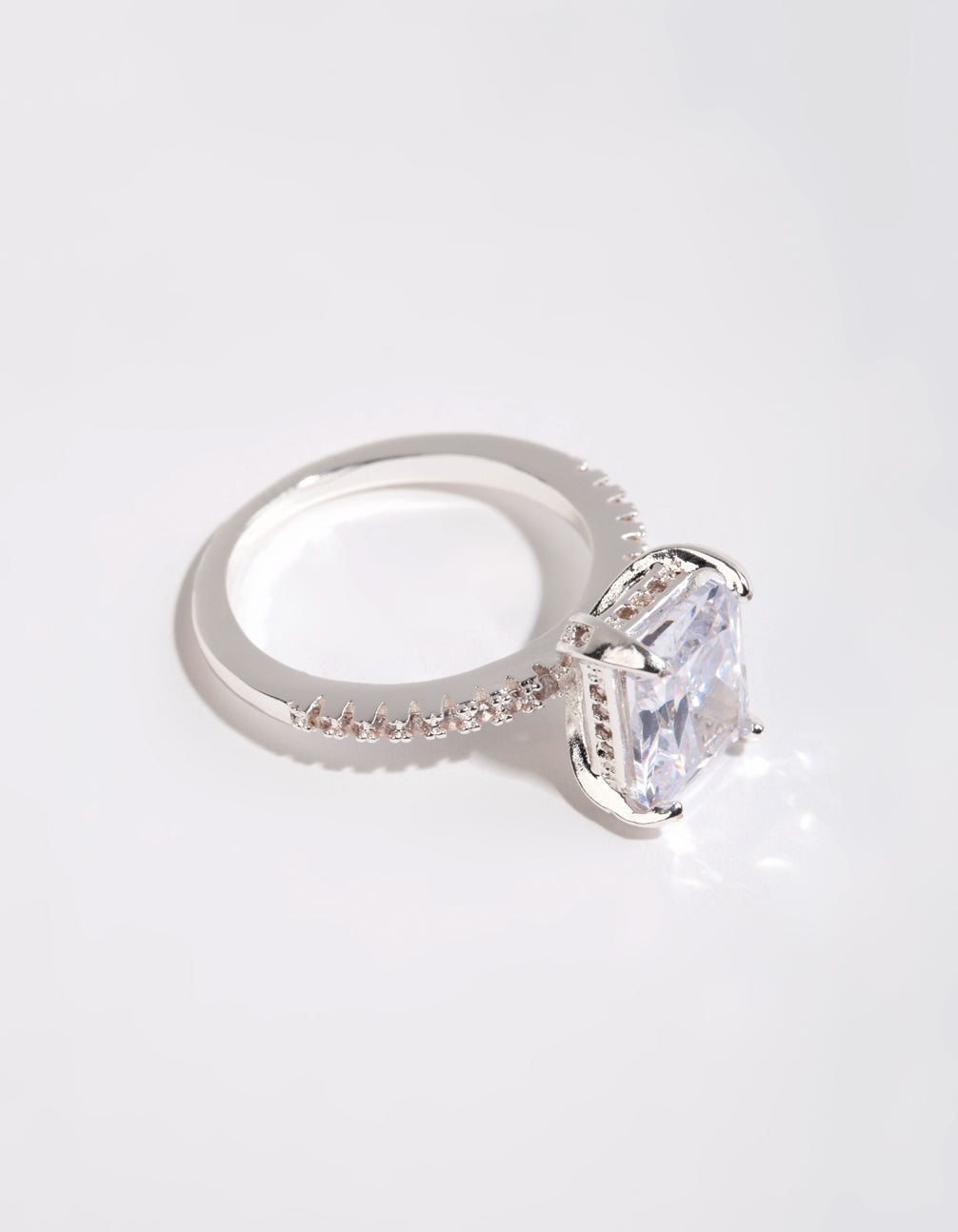 Silver Emerald Cut Cubic Zirconia Diamante Band Ring