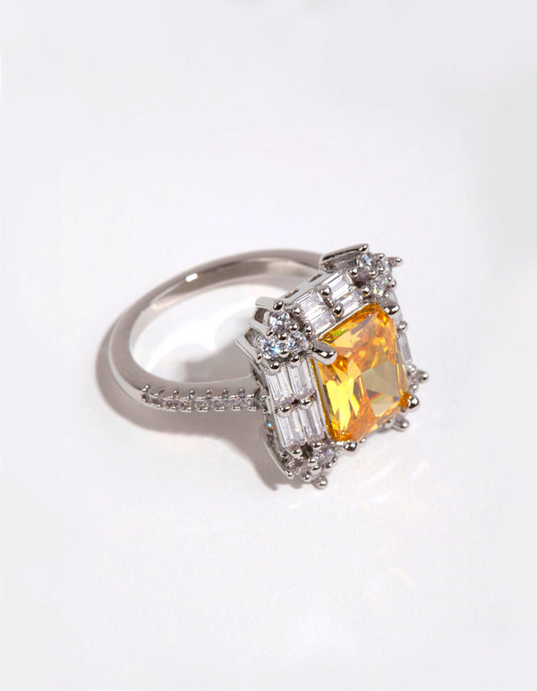 Rhodium Radiant Citrine Cubic Zirconia Ring
