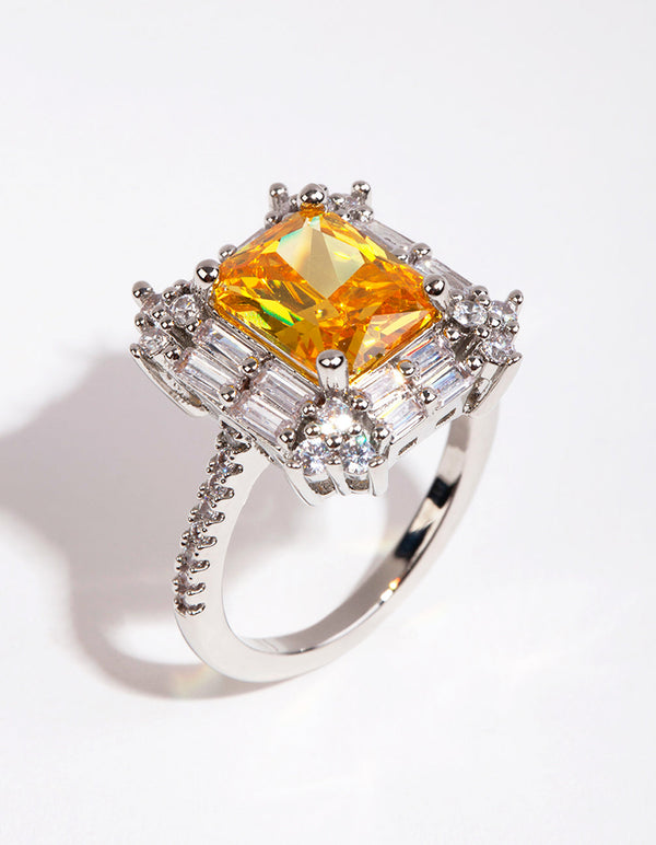 Rhodium Radiant Citrine Cubic Zirconia Ring