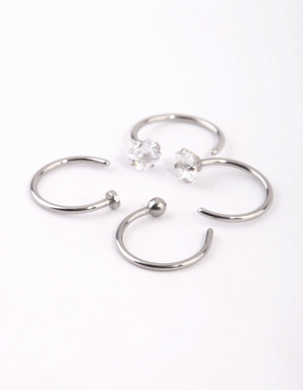 Surgical Steel Silver Martini Set Diamante Nose Ring 4-Pack