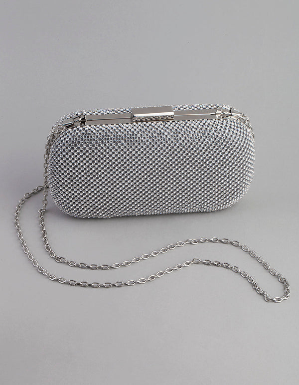 Silver Diamante Rounded Rectangular Clutch