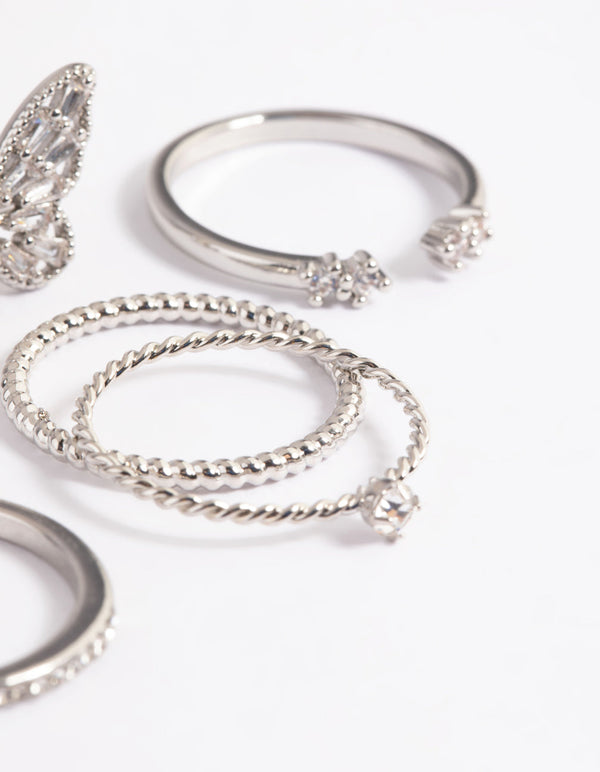 Rhodium Cubic Zirconia Butterfly Ring Stack Pack