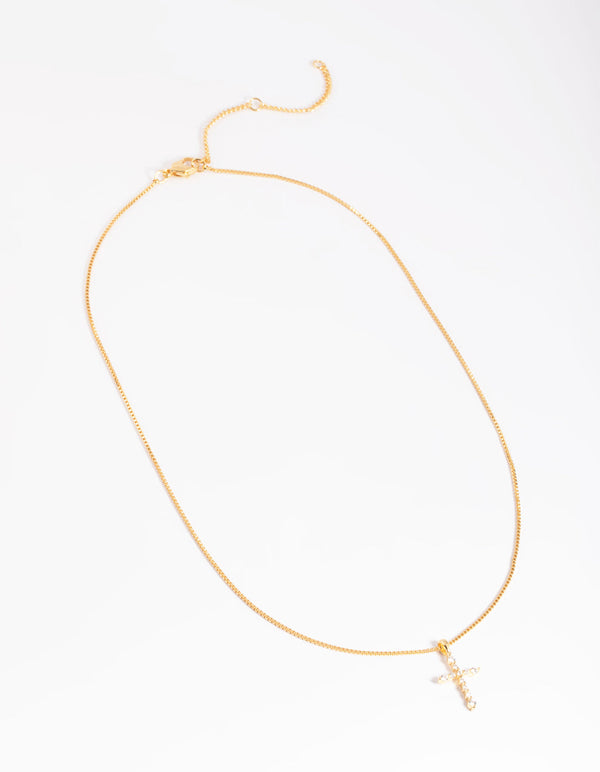 Gold Plated Cubic Zirconia Cross Chain Necklace