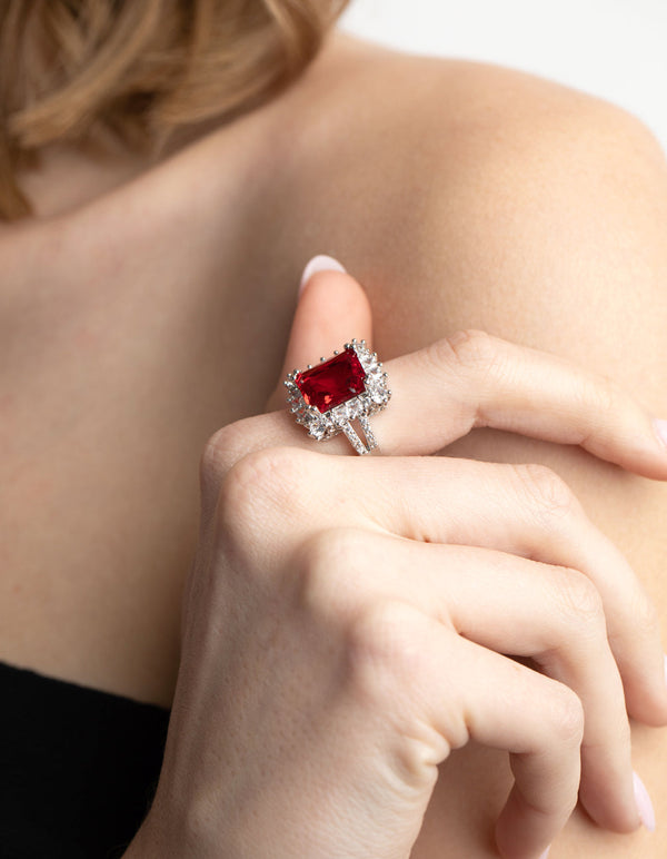 Rhodium Cubic Zirconia Red Asscher Ring