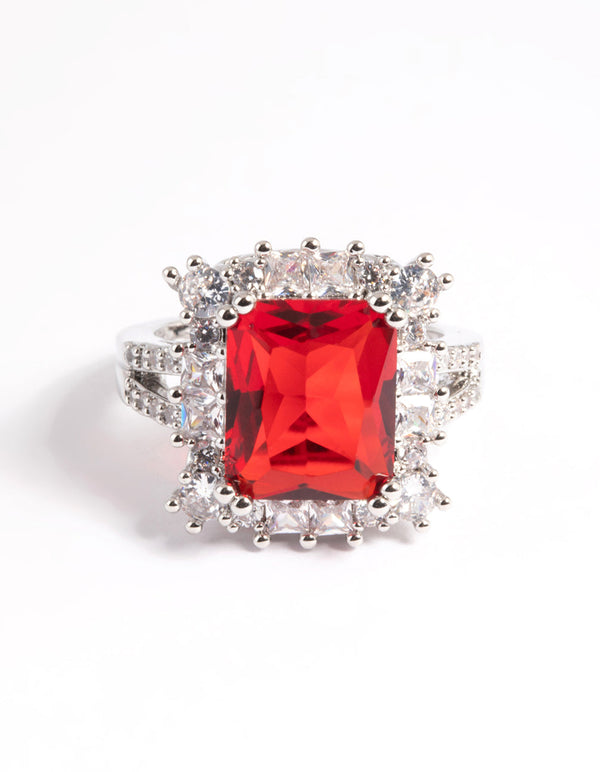 Rhodium Cubic Zirconia Red Asscher Ring
