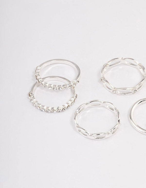 Silver Diamante Row Mix Ring 8-Pack